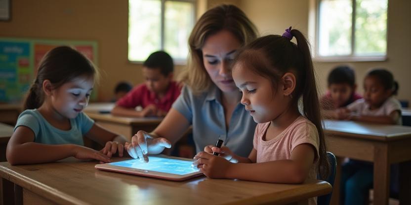 Children and volunteers learning with tablets in a rural classroom